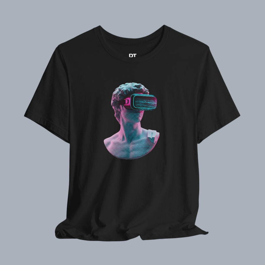 Retro Vaporwave Statue VR T‑Shirt — Neon Aesthetic Gaming Tee product photo
