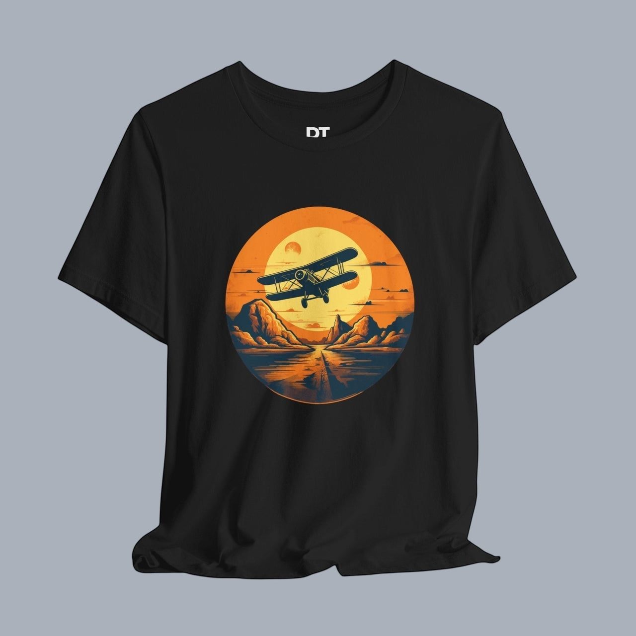 Vintage Biplane Sunset Tee — Retro Aviation Graphic T-Shirt