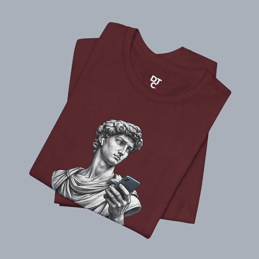 David Statue with AirPods Holding Phone T‑Shirt — Classical Art Meme Tee alternate view 22