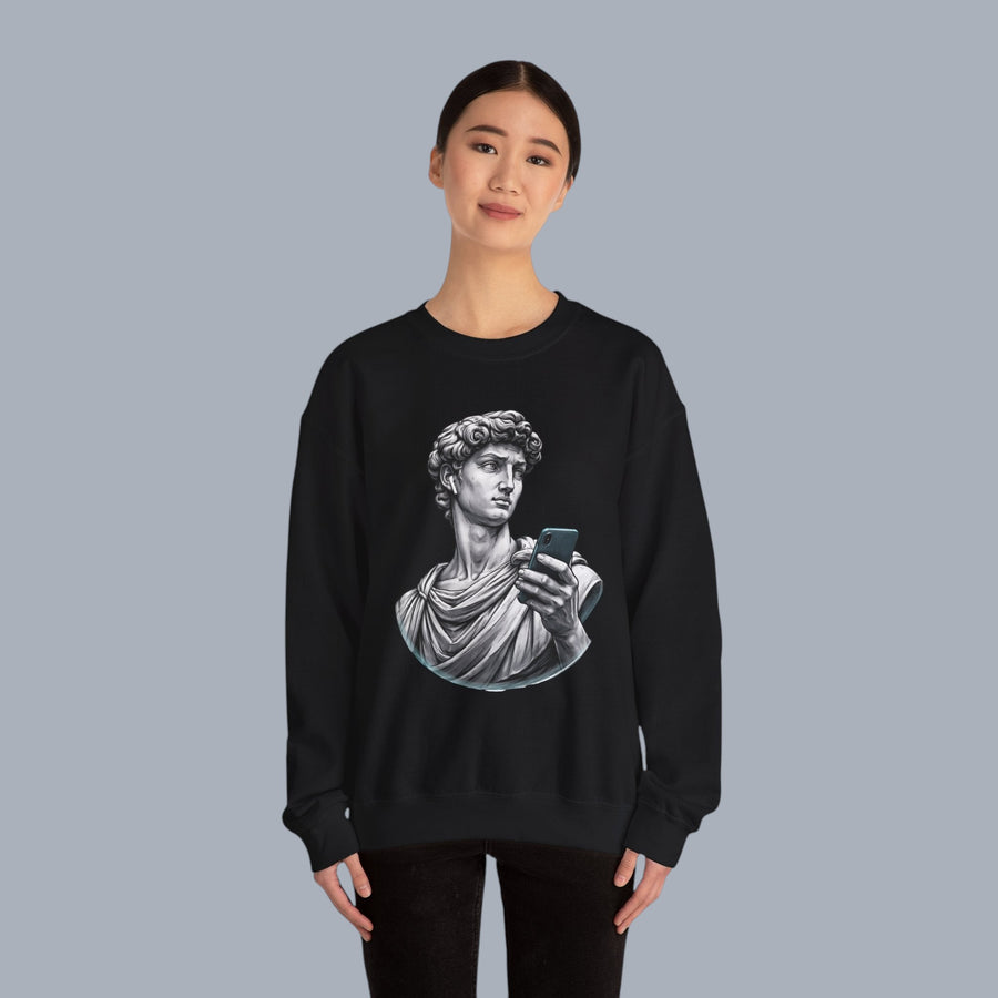 David Statue with AirPods Holding Phone Sweatshirt — Classical Art Meme Crewneck Sweatshirt alternate view 14