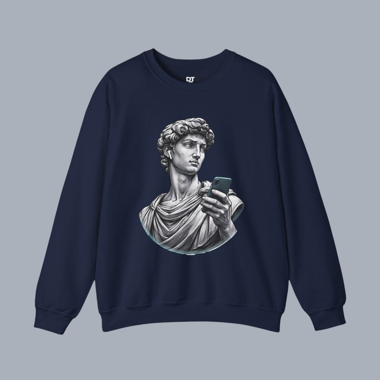 David Statue with AirPods Holding Phone Sweatshirt — Classical Art Meme Crewneck Sweatshirt alternate view 7