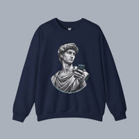 David Statue with AirPods Holding Phone Sweatshirt — Classical Art Meme Crewneck Sweatshirt alternate view 7