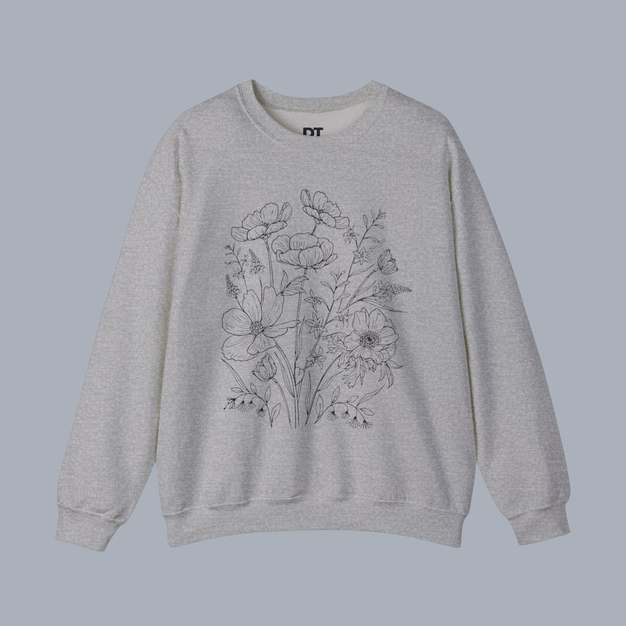 Floral Sketch Crewneck Sweatshirt — Delicate Wildflower Illustration