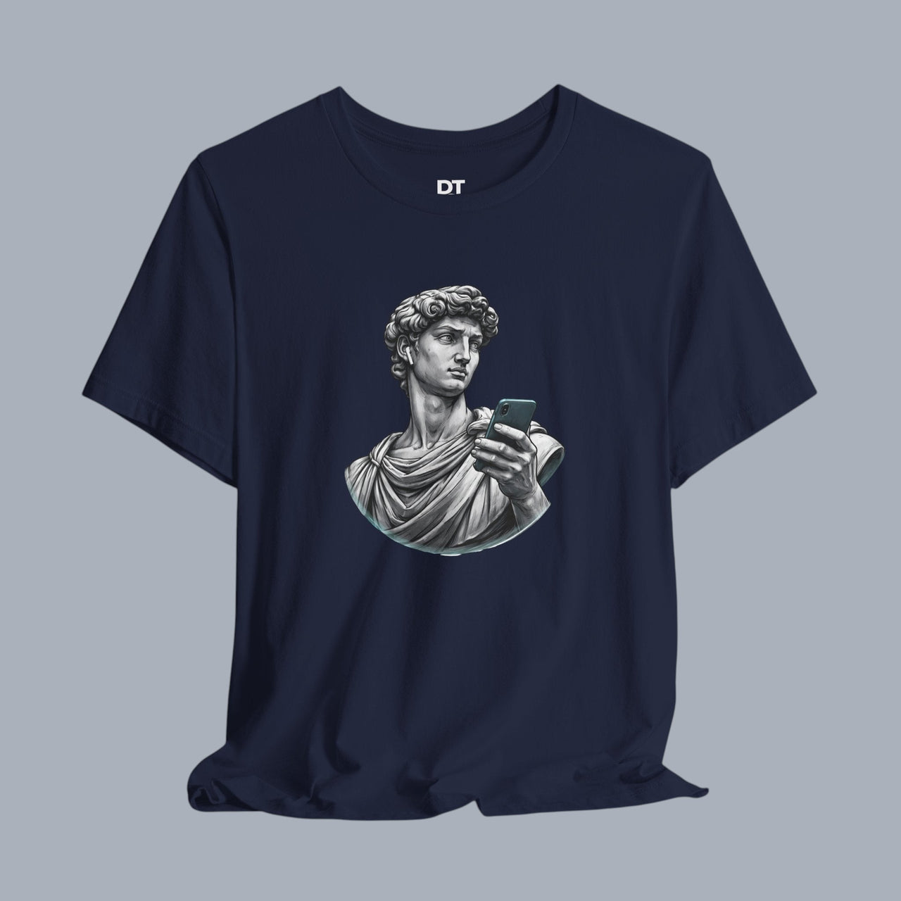 David Statue with AirPods Holding Phone T‑Shirt — Classical Art Meme Tee alternate view 4