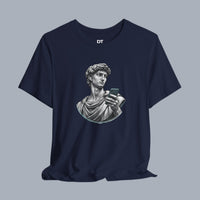 David Statue with AirPods Holding Phone T‑Shirt — Classical Art Meme Tee alternate view 4