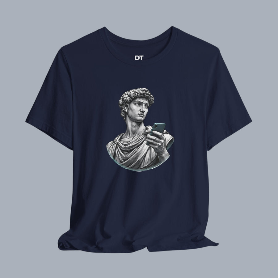 David Statue with AirPods Holding Phone T‑Shirt — Classical Art Meme Tee alternate view 4