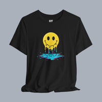 [Black t-shirt with melting smiley printed on it