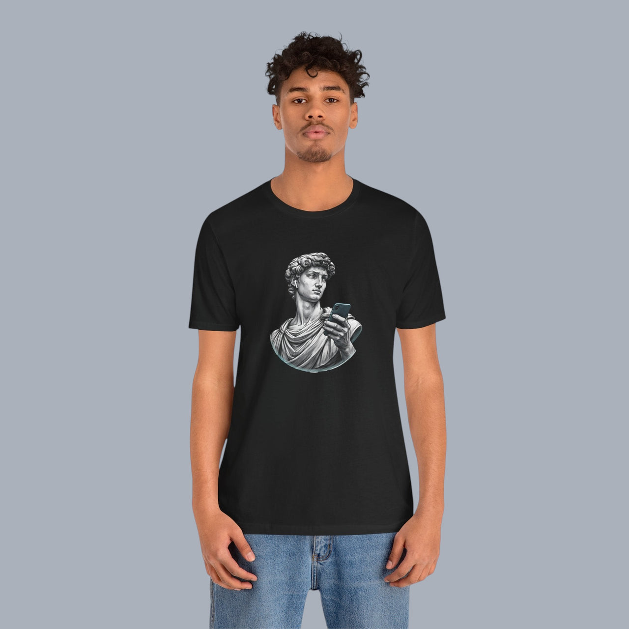 David Statue with AirPods Holding Phone T‑Shirt — Classical Art Meme Tee alternate view 12