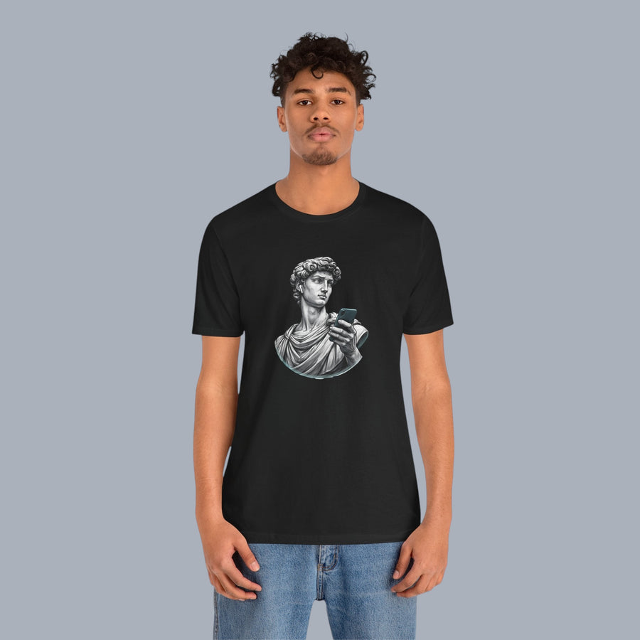 David Statue with AirPods Holding Phone T‑Shirt — Classical Art Meme Tee alternate view 12