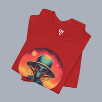 Vintage Science Fiction Alien T-Shirt — Retro Sunset UFO Skull Graphic Tee