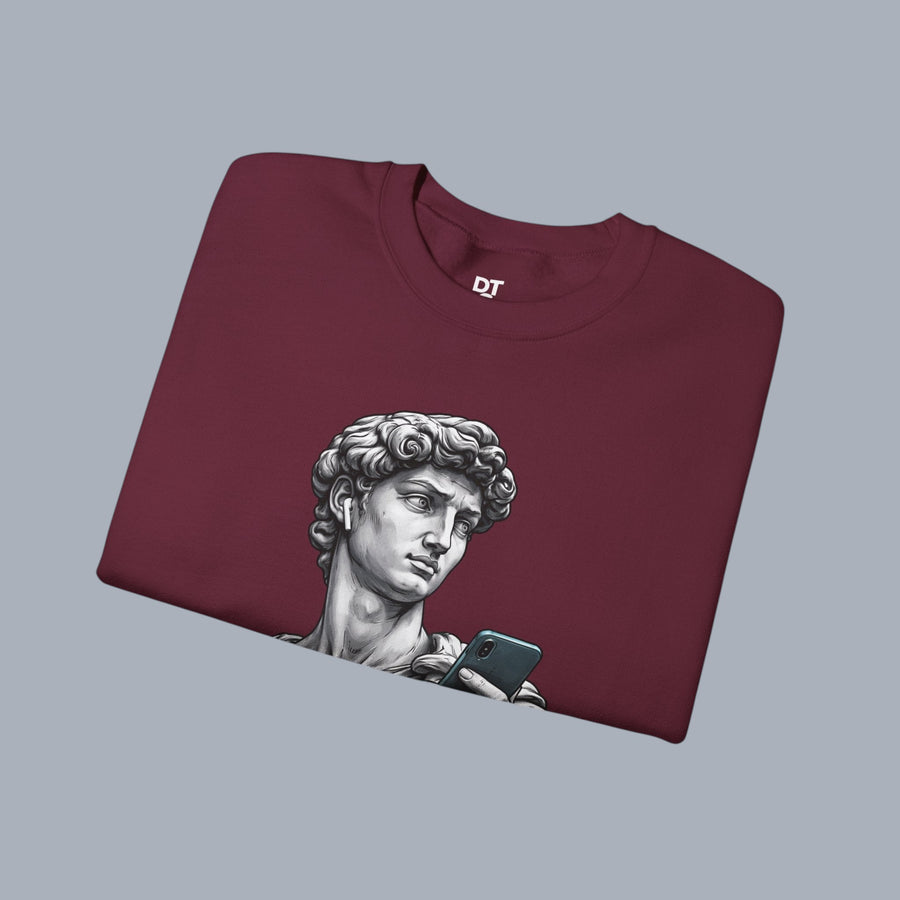 David Statue with AirPods Holding Phone Sweatshirt — Classical Art Meme Crewneck Sweatshirt alternate view 22
