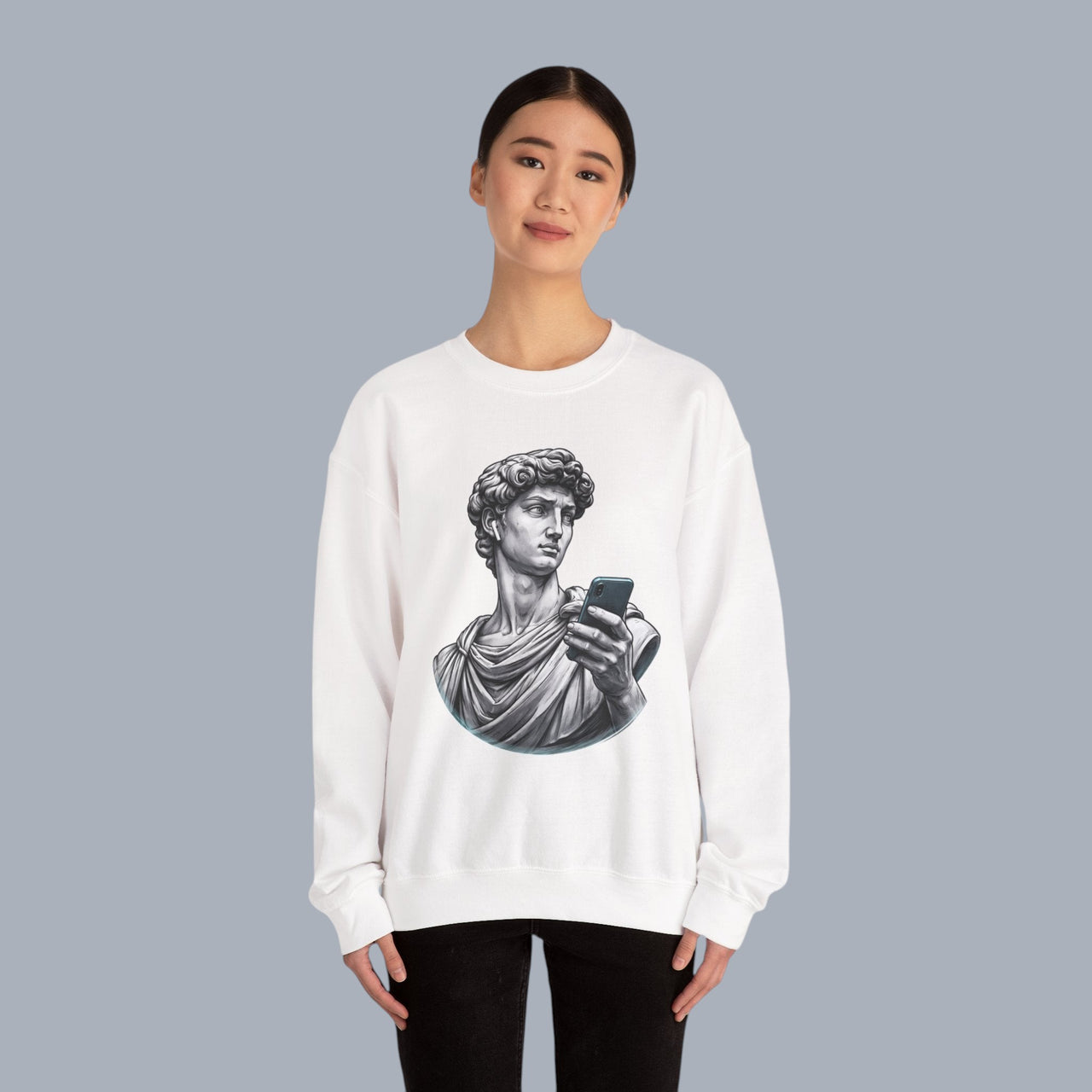 David Statue with AirPods Holding Phone Sweatshirt — Classical Art Meme Crewneck Sweatshirt alternate view 11