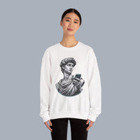 David Statue with AirPods Holding Phone Sweatshirt — Classical Art Meme Crewneck Sweatshirt alternate view 11