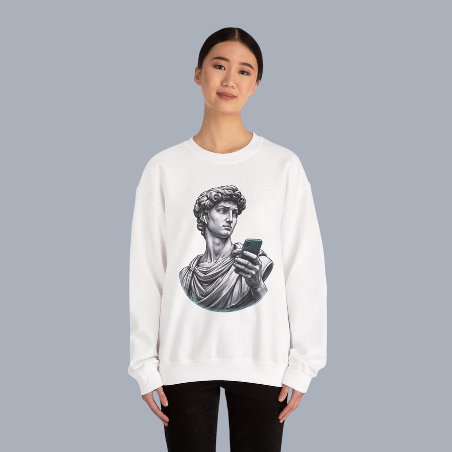 David Statue with AirPods Holding Phone Sweatshirt — Classical Art Meme Crewneck Sweatshirt alternate view 11