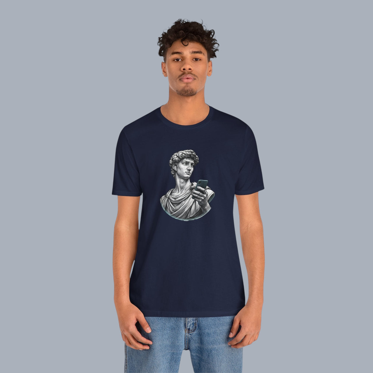David Statue with AirPods Holding Phone T‑Shirt — Classical Art Meme Tee alternate view 16