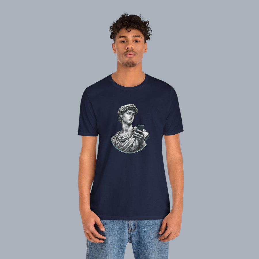 David Statue with AirPods Holding Phone T‑Shirt — Classical Art Meme Tee alternate view 16