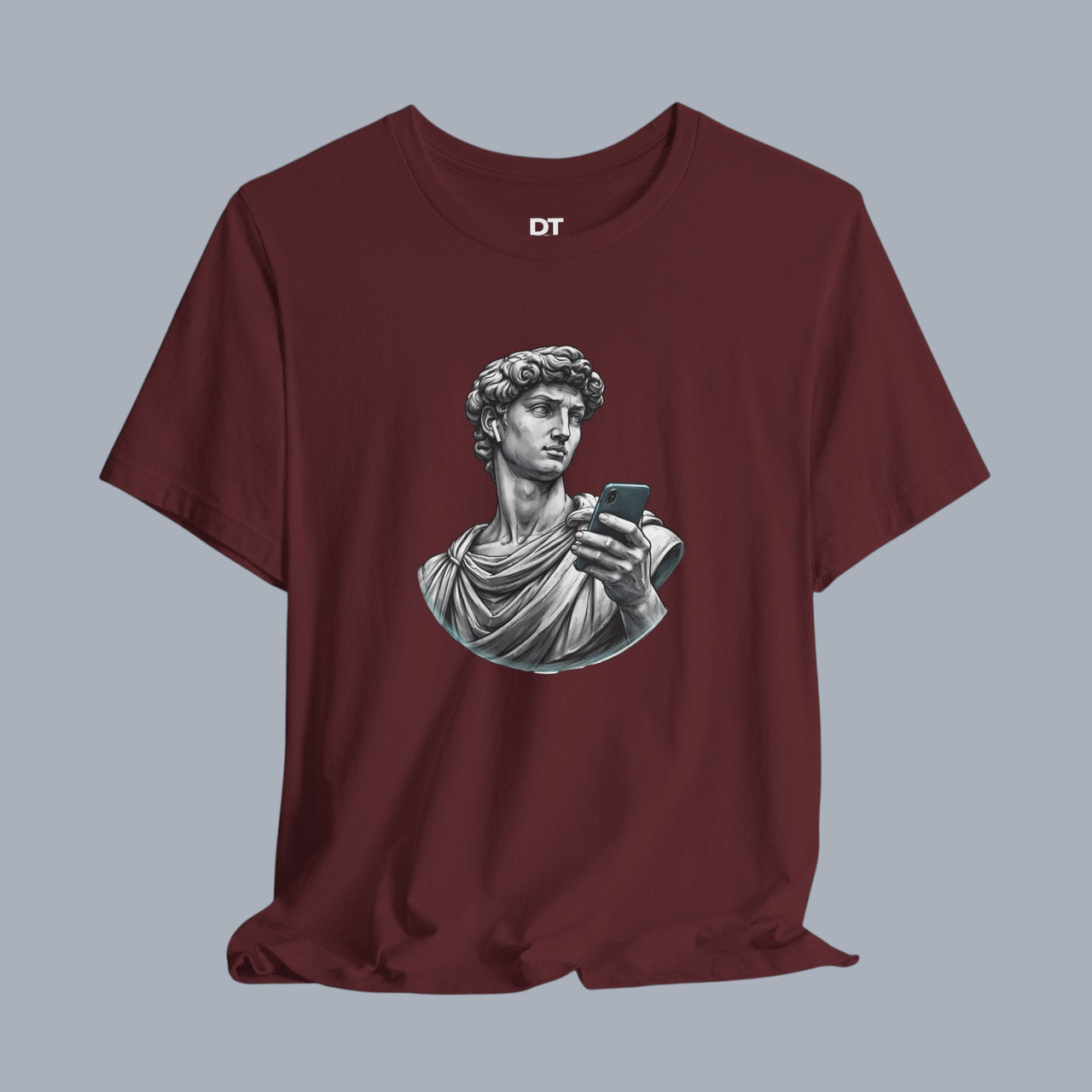 David Statue with AirPods Holding Phone T‑Shirt — Classical Art Meme Tee alternate view 5