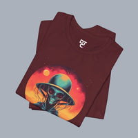 Vintage Science Fiction Alien T-Shirt — Retro Sunset UFO Skull Graphic Tee