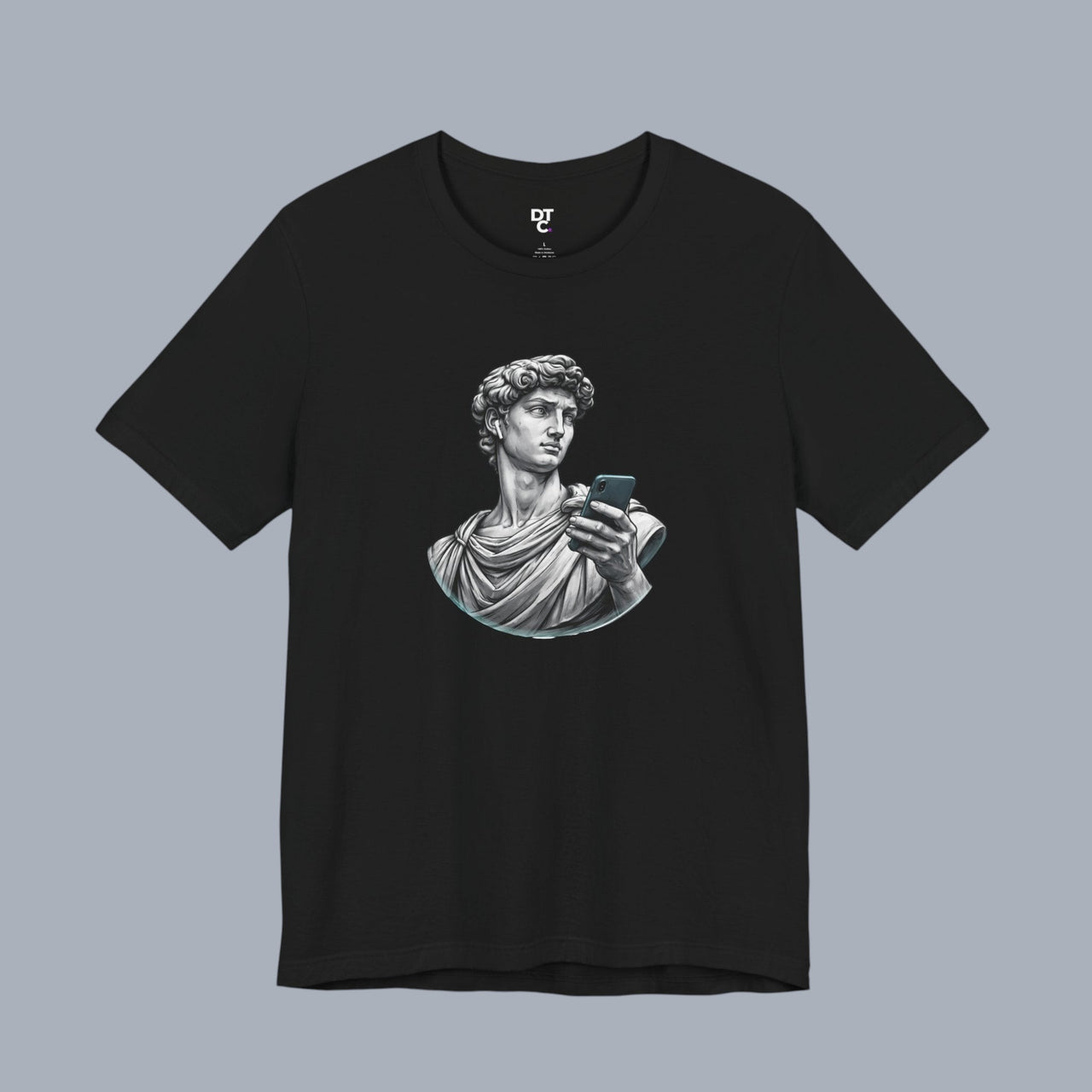 David Statue with AirPods Holding Phone T‑Shirt — Classical Art Meme Tee alternate view 13