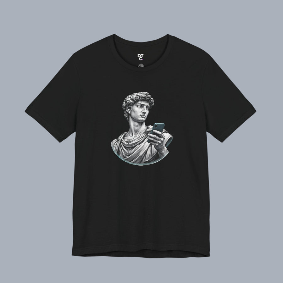 David Statue with AirPods Holding Phone T‑Shirt — Classical Art Meme Tee alternate view 13