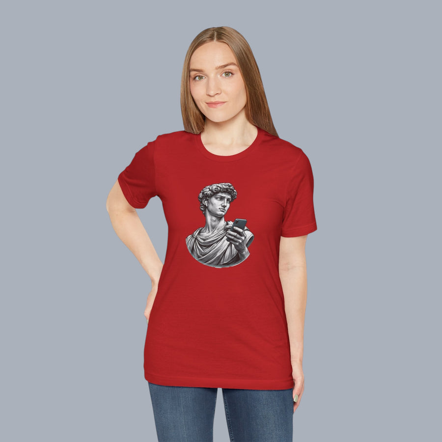David Statue with AirPods Holding Phone T‑Shirt — Classical Art Meme Tee alternate view 23