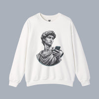David Statue with AirPods Holding Phone Sweatshirt — Classical Art Meme Crewneck Sweatshirt alternate view 2