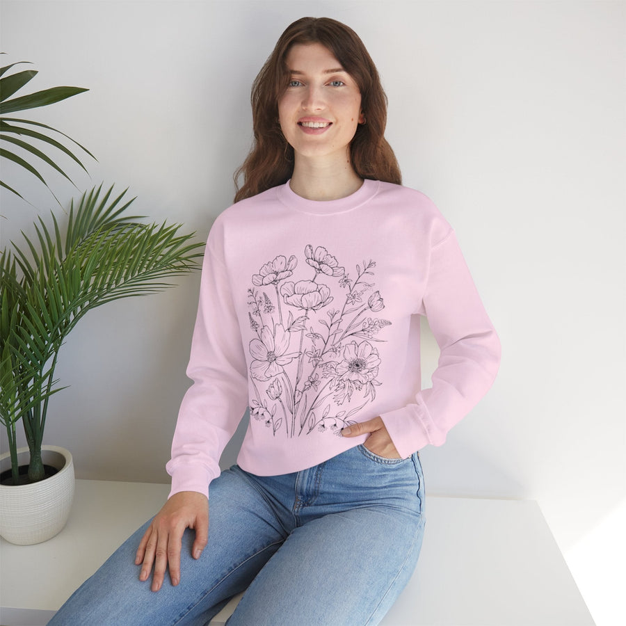 Floral Sketch Crewneck Sweatshirt — Delicate Wildflower Illustration