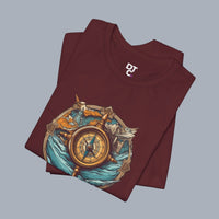 Nautical Compass Adventure T-Shirt — Vintage Ship Wheel & Ocean Waves Tee