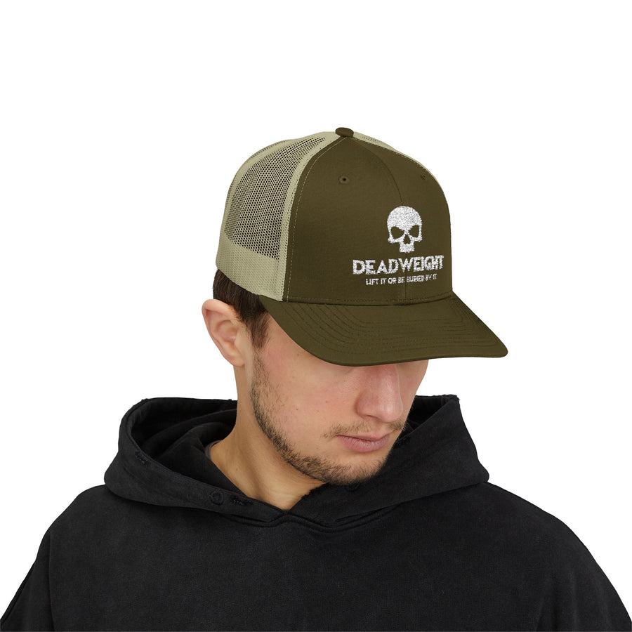 Deadweight Skull Trucker Cap — "Deadweight" Fitness Snapback for Gym & Weightlifting