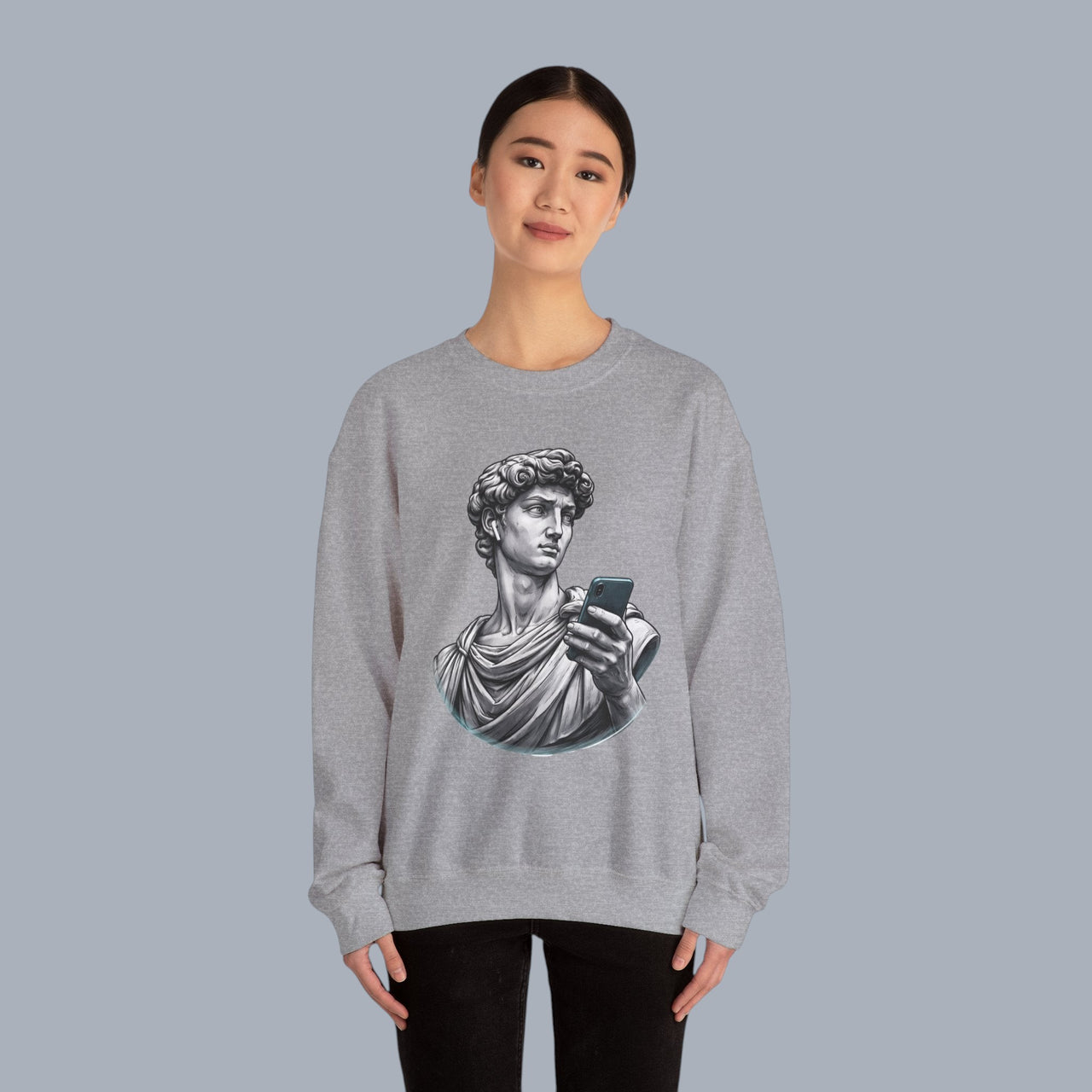 David Statue with AirPods Holding Phone Sweatshirt — Classical Art Meme Crewneck Sweatshirt alternate view 20