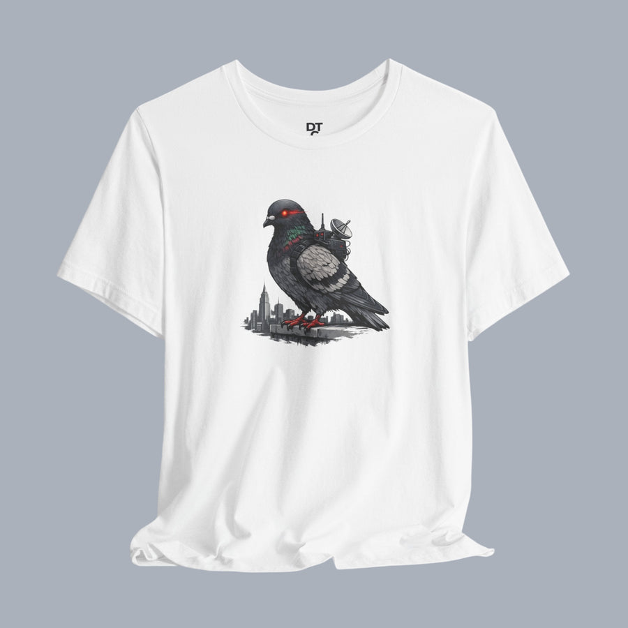 Surveillance Pigeon Cityscape Tee — Urban Bird Graphic T-Shirt alternate view 3