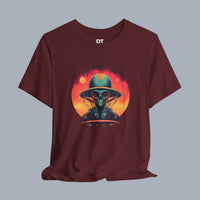 Vintage Science Fiction Alien T-Shirt — Retro Sunset UFO Skull Graphic Tee