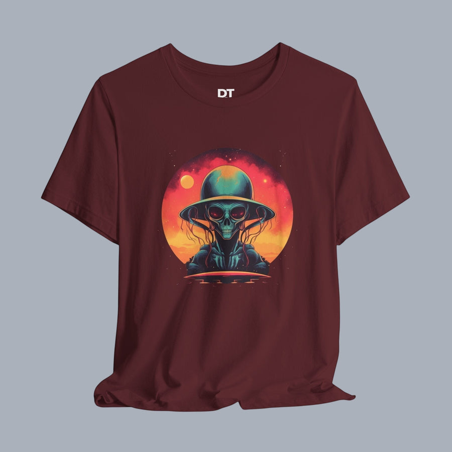 Vintage Science Fiction Alien T-Shirt — Retro Sunset UFO Skull Graphic Tee