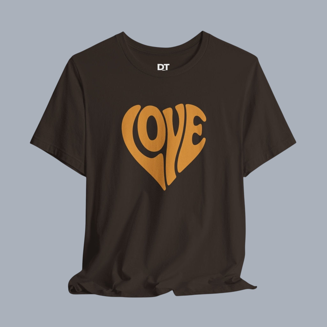 [Black tee with orange love heart graphic