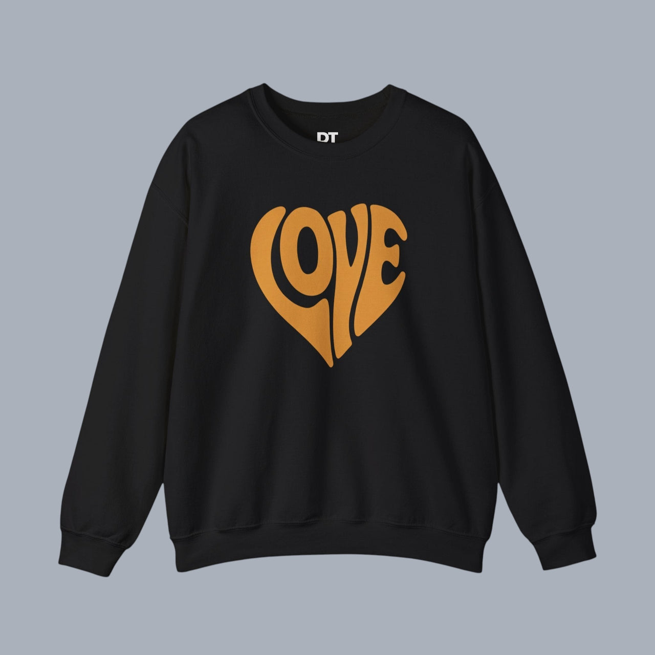 [Black crewneck sweatshirt featuring orange heart and LOVE graphic