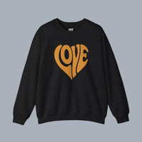 [Black crewneck sweatshirt featuring orange heart and LOVE graphic