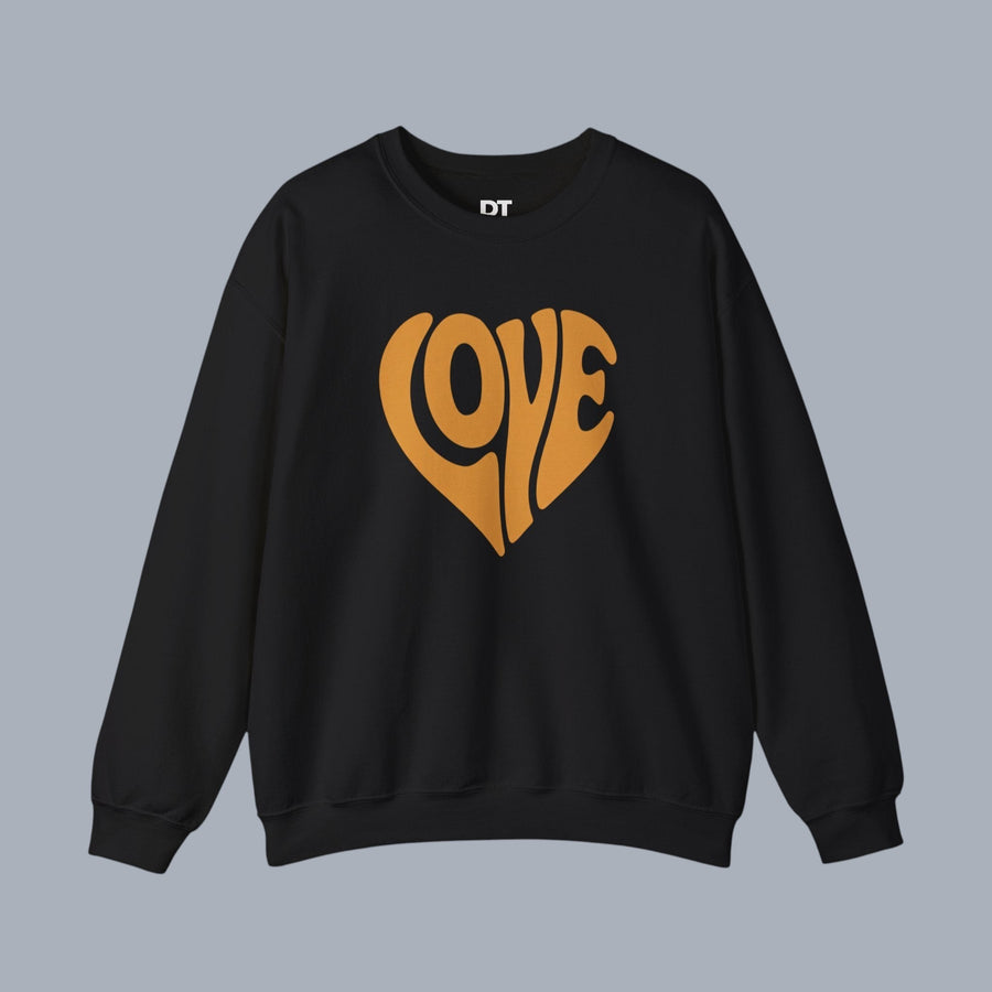 [Black crewneck sweatshirt featuring orange heart and LOVE graphic