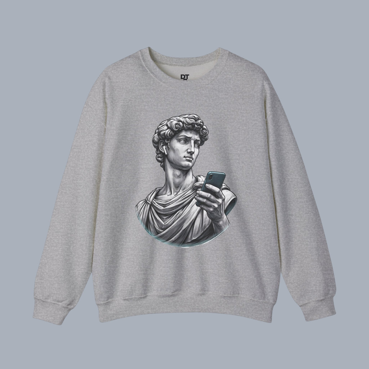 David Statue with AirPods Holding Phone Sweatshirt — Classical Art Meme Crewneck Sweatshirt alternate view 5