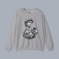 David Statue with AirPods Holding Phone Sweatshirt — Classical Art Meme Crewneck Sweatshirt alternate view 5
