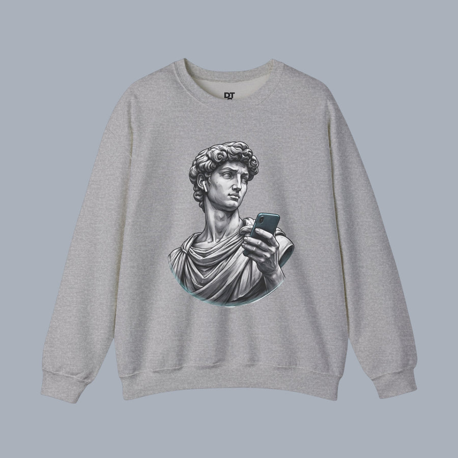 David Statue with AirPods Holding Phone Sweatshirt — Classical Art Meme Crewneck Sweatshirt alternate view 5