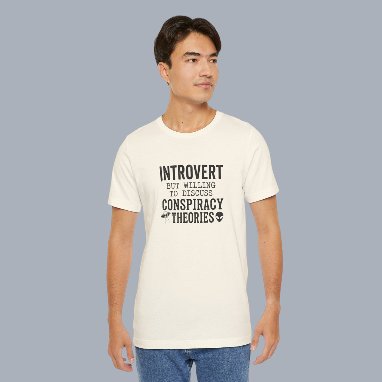Introvert Tee — "Introvert But Willing to Discuss Conspiracy Theories" Funny Graphic T-Shirt