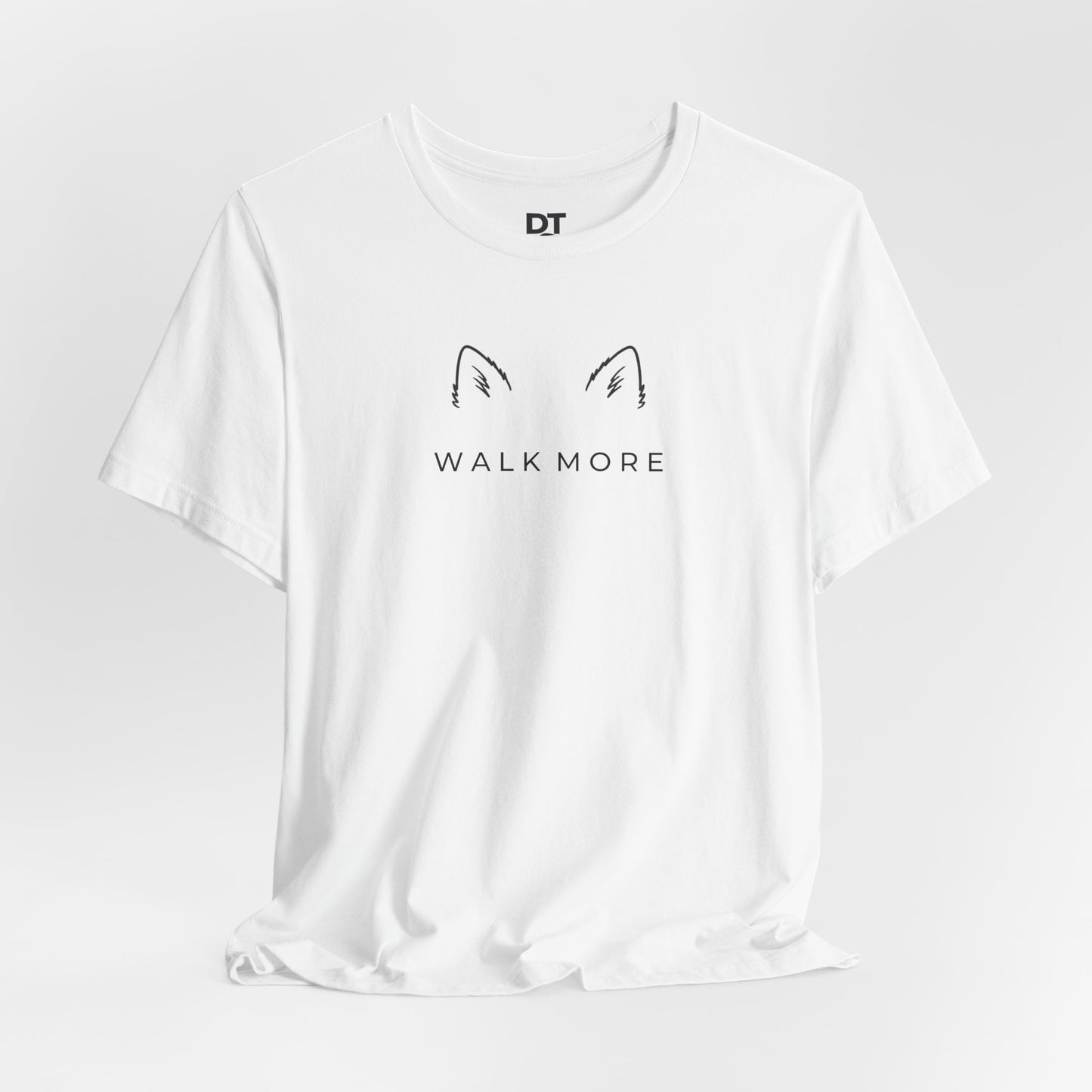 [White t-shirt with dog ears and 'WALK MORE' text