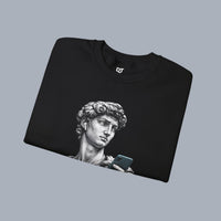 David Statue with AirPods Holding Phone Sweatshirt — Classical Art Meme Crewneck Sweatshirt alternate view 13