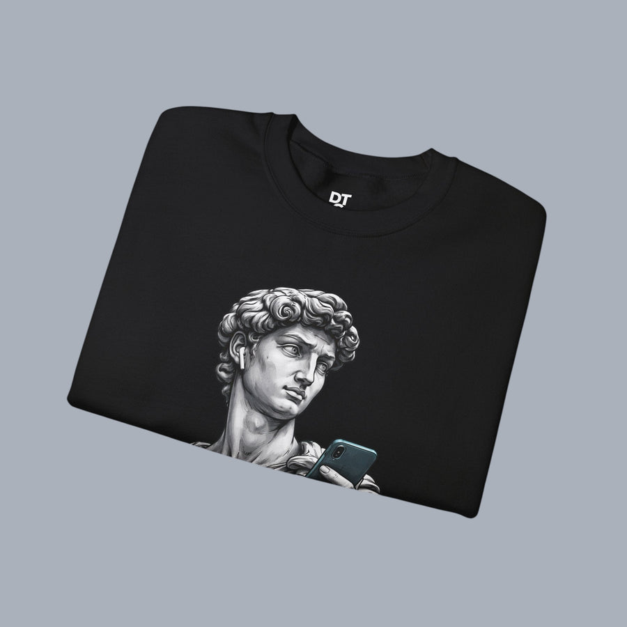 David Statue with AirPods Holding Phone Sweatshirt — Classical Art Meme Crewneck Sweatshirt alternate view 13