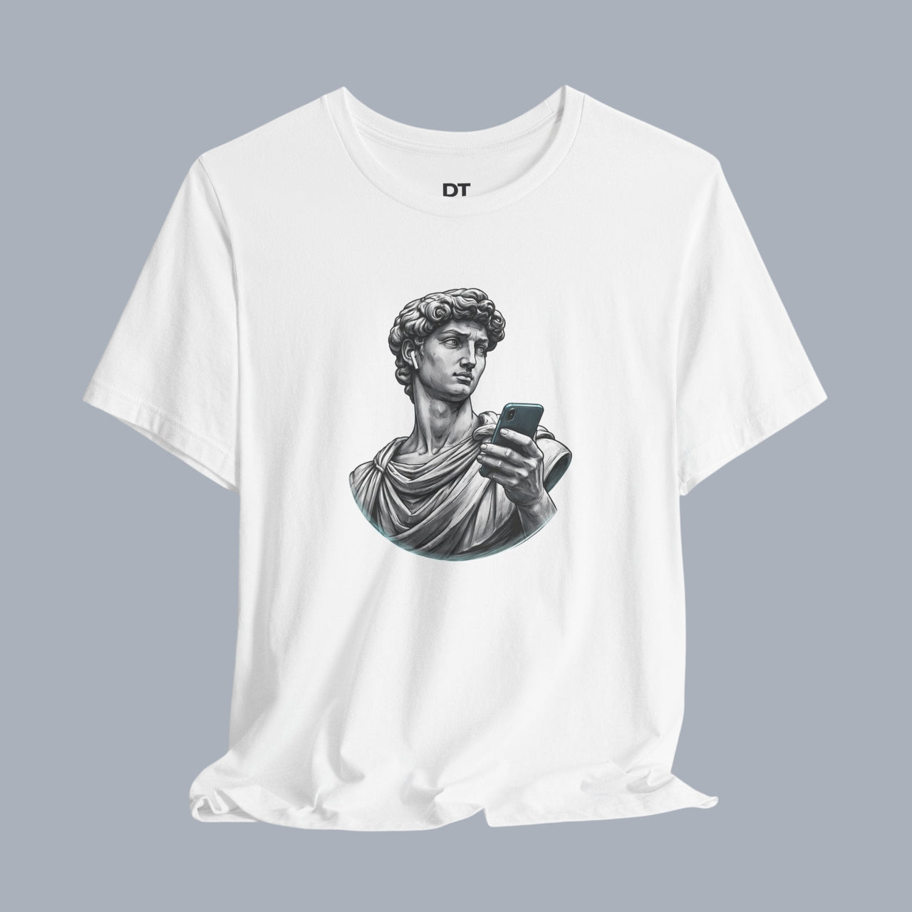 David Statue with AirPods Holding Phone T‑Shirt — Classical Art Meme Tee alternate view 3