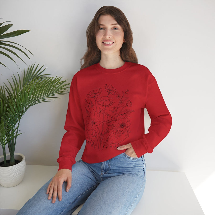 Floral Sketch Crewneck Sweatshirt — Delicate Wildflower Illustration