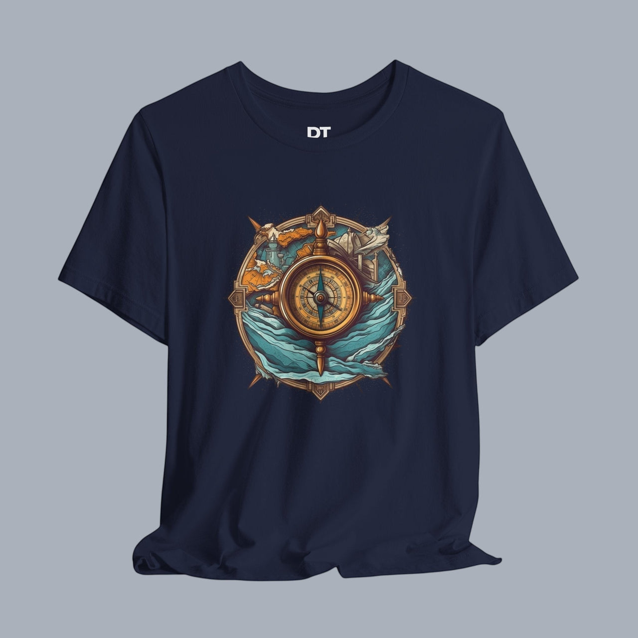 Nautical Compass Adventure T-Shirt — Vintage Ship Wheel & Ocean Waves Tee