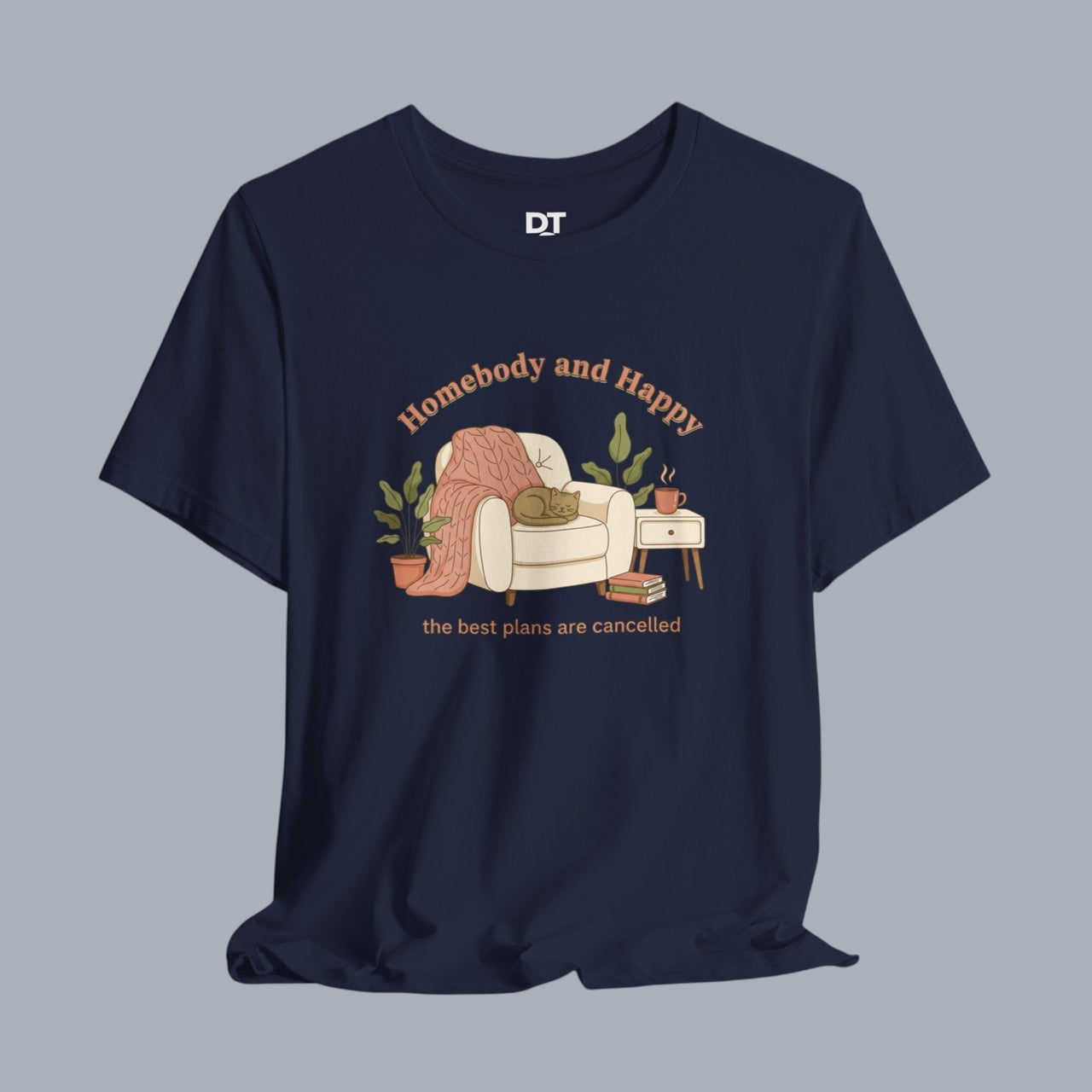 [Navy tee with a cozy chair and cat design