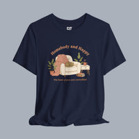 [Navy tee with a cozy chair and cat design