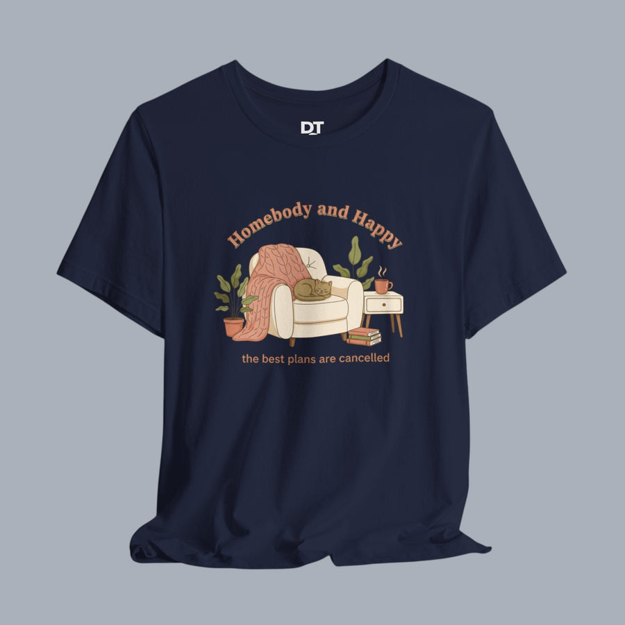 [Navy tee with a cozy chair and cat design
